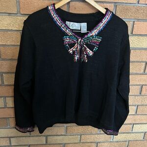 Vintage Design Options Philip Jane Gordon Bow Sweater Sequins Metallic Black XL